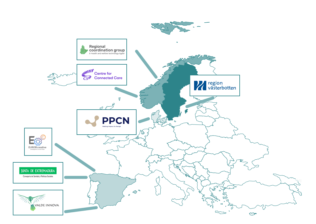 Map of Europe showing the seven CRANE partners located in Sweden, Norway, Spain and Denmark